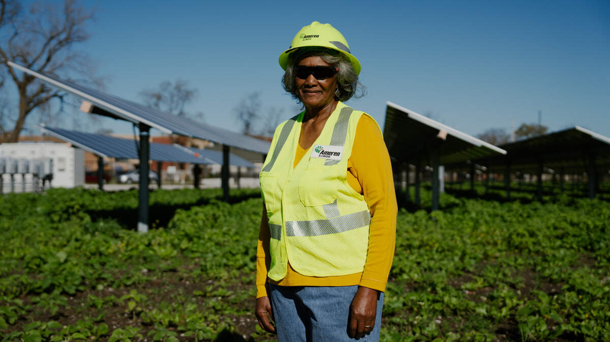 Imogene Hairston, an East St. Louis resident, on Tuesday, Nov. 19, 2024, at a newly opened solar energy farm in the Metro East town. Ameren Illinois opened the community’s second solar power farm on Tuesday.