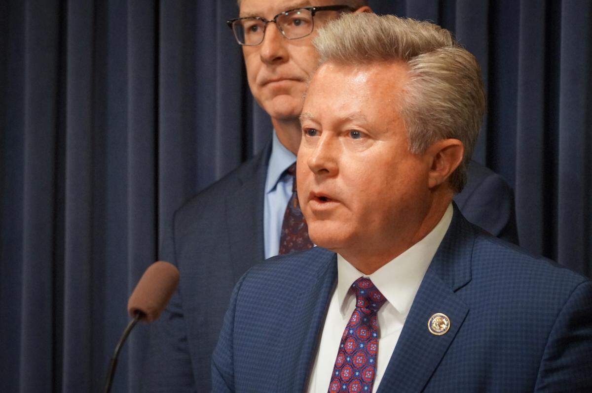 Sen. Seth Lewis, R-Bartlett, speaks at a news conference alongside Senate Republican Leader John Curran, R-Downers Grove, at the Illinois Capitol on May 6, 2026.