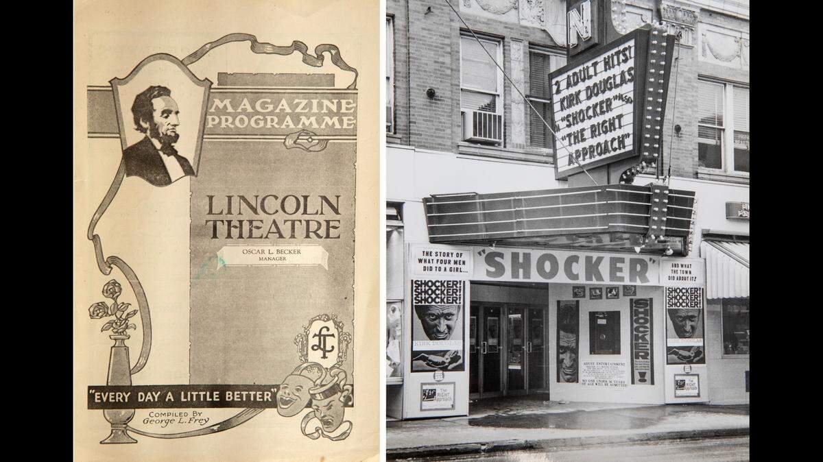 The Lincoln Theatre printed programs in the early days, including this one, left, from 1922. At right, a photo of the marquee advertising the 1961 movies, “Shocker” (also known as “Town Without Pity”) and “The Right Approach.”