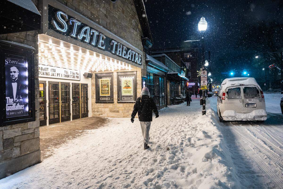 State Theater is seen during a winter storm Jan. 25, 2026, in State College.