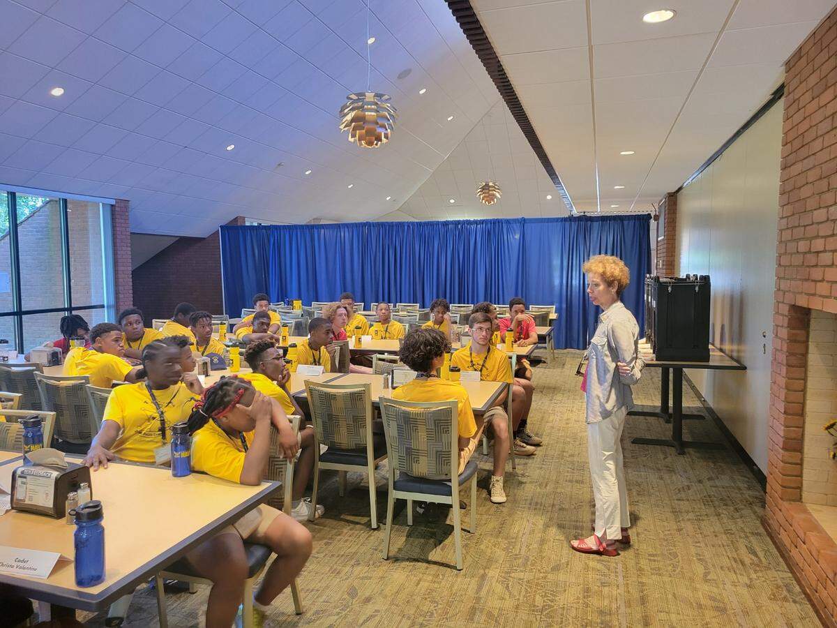 Judge (Ret.) Annette Eckert speaks to cadets during the Team Illinois Youth Police Camp. Eckert is Director for St. Clair County Teen Court, which sends youth to participate in the camp as part of their restorative justice remedies. This year’s camp will take place Sunday, July 16, through Saturday, July 22, at Principia College in Elsah, Illinois.