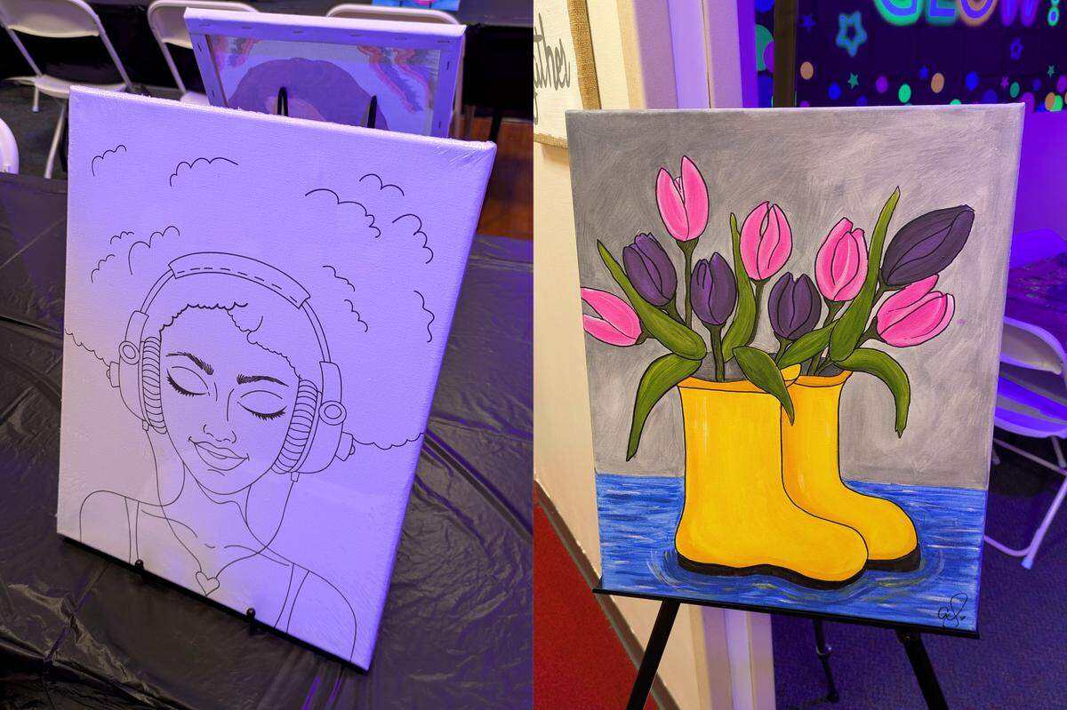 Guests at Let's Paint start with an unfinished canvas (like the one on the left) then let creativity flow to paint their own masterpiece.