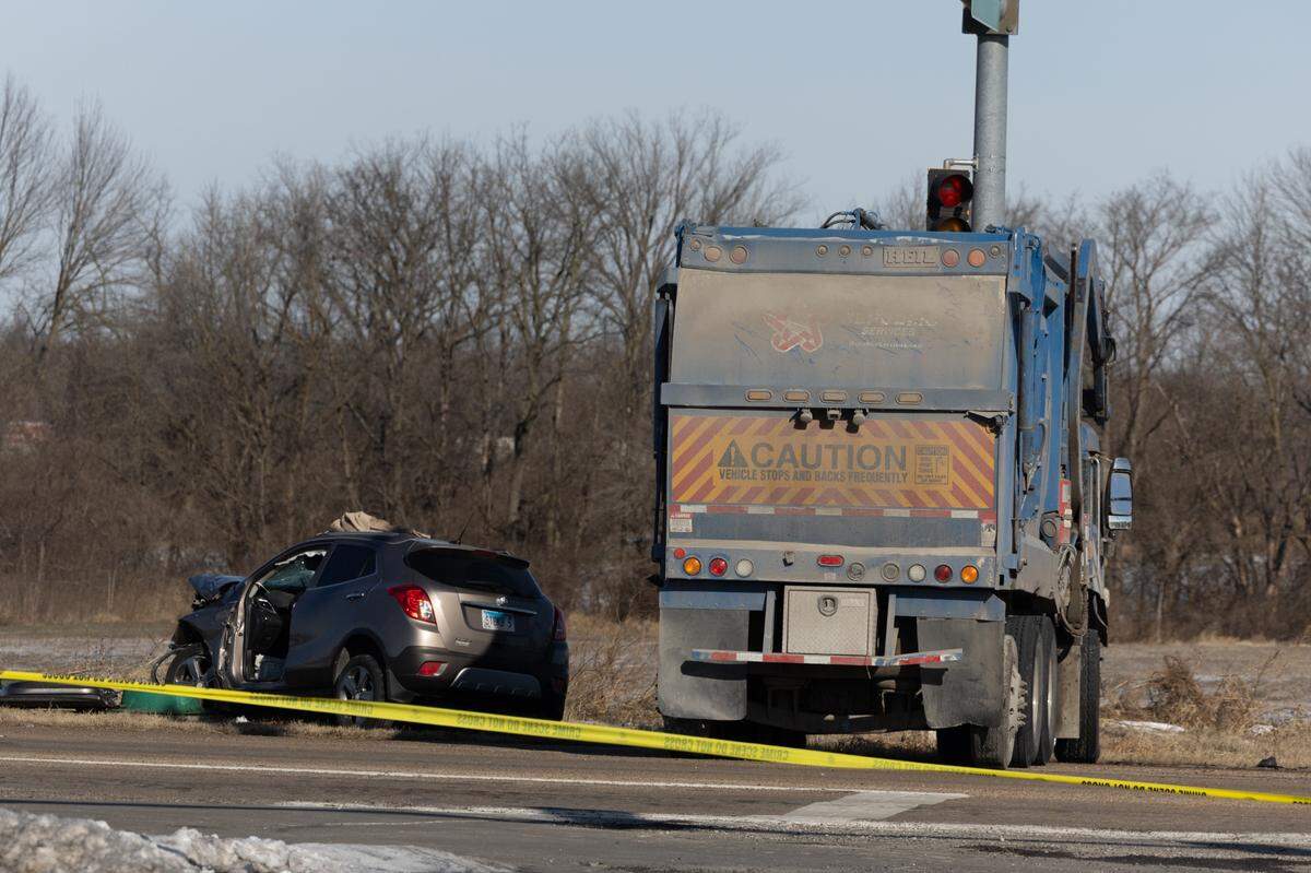 At the scene of a crash involving a garbage truck along Mascoutah Avenue and South Green Mount Road in Belleville, Ill. on Jan. 24, 2025.