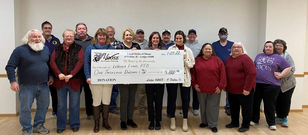 The O’Fallon Moose Lodge 2608 presented a $1,000 donation to LaVerna Evans School to fund resources for students in the kindergarten through fifth grade classrooms. Proceeds from the monthly Moose barbecues — which take place the third Saturday of the month — are used for donations to community groups. The next barbecue is Saturday, Feb. 19, at the American Legion Hall in O’Fallon, 109 N. Penn St.