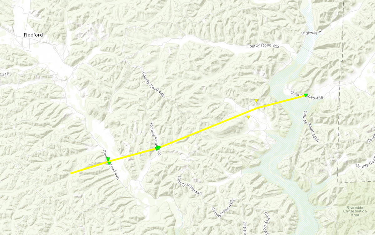 This map shows the path of a tornado that passed near Ellington, Missouri.