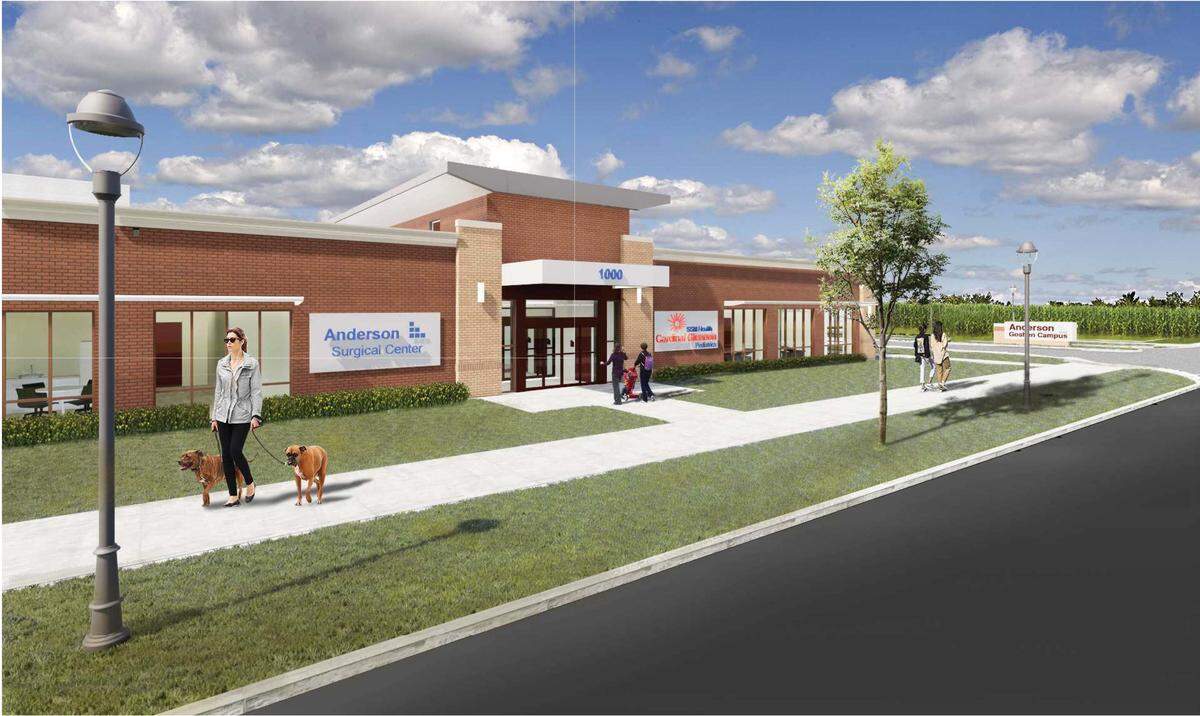 This is a preliminary rendering of the first building to be developed at the new 15-acre Anderson Healthcare Goshen Campus in Edwardsville. It will house an outpatient surgery center and pediatric specialty clinic.
