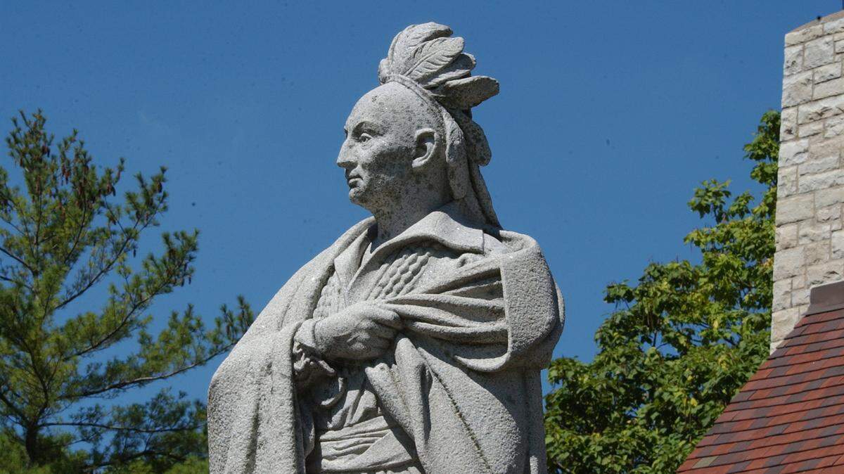 This statue of the warrior Black Hawk looks out over the Rock River Valley from a perch next to the lodge at Black Hawk State Historic Site in Rock Island.