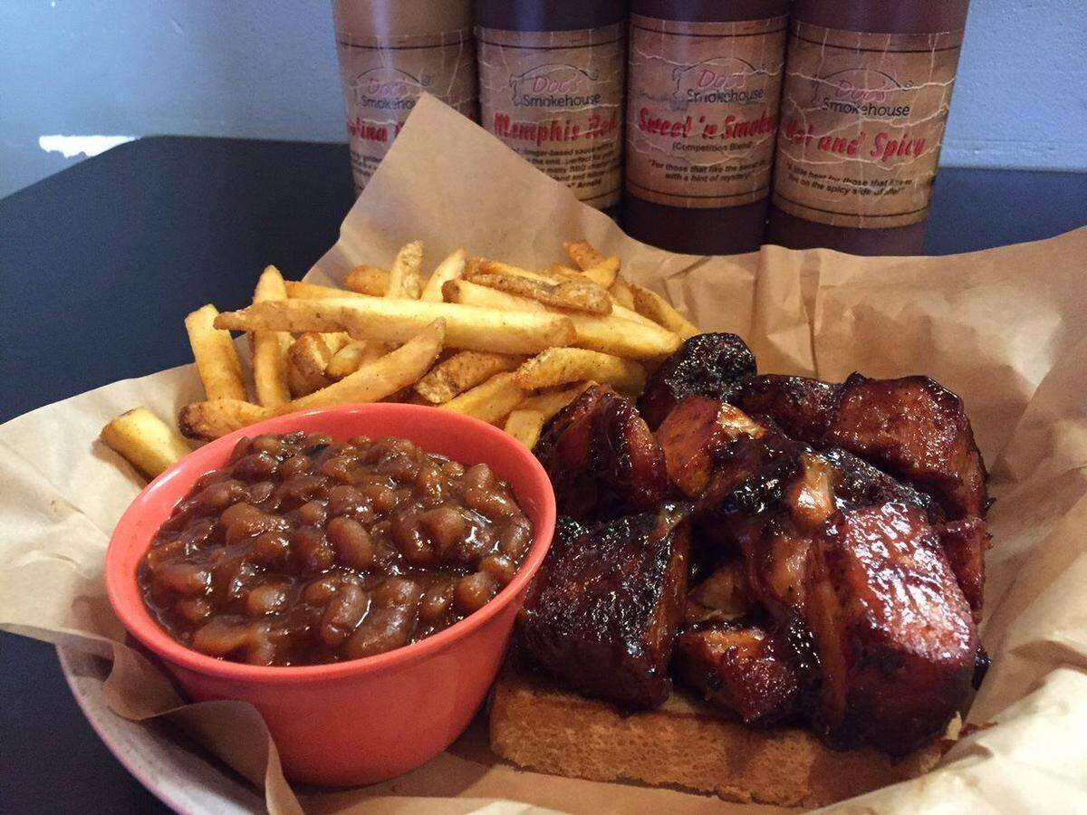 Burnt ends often sell out at Doc’s Smokehouse in Edwardsville. The entree comes with two sides and a roll.