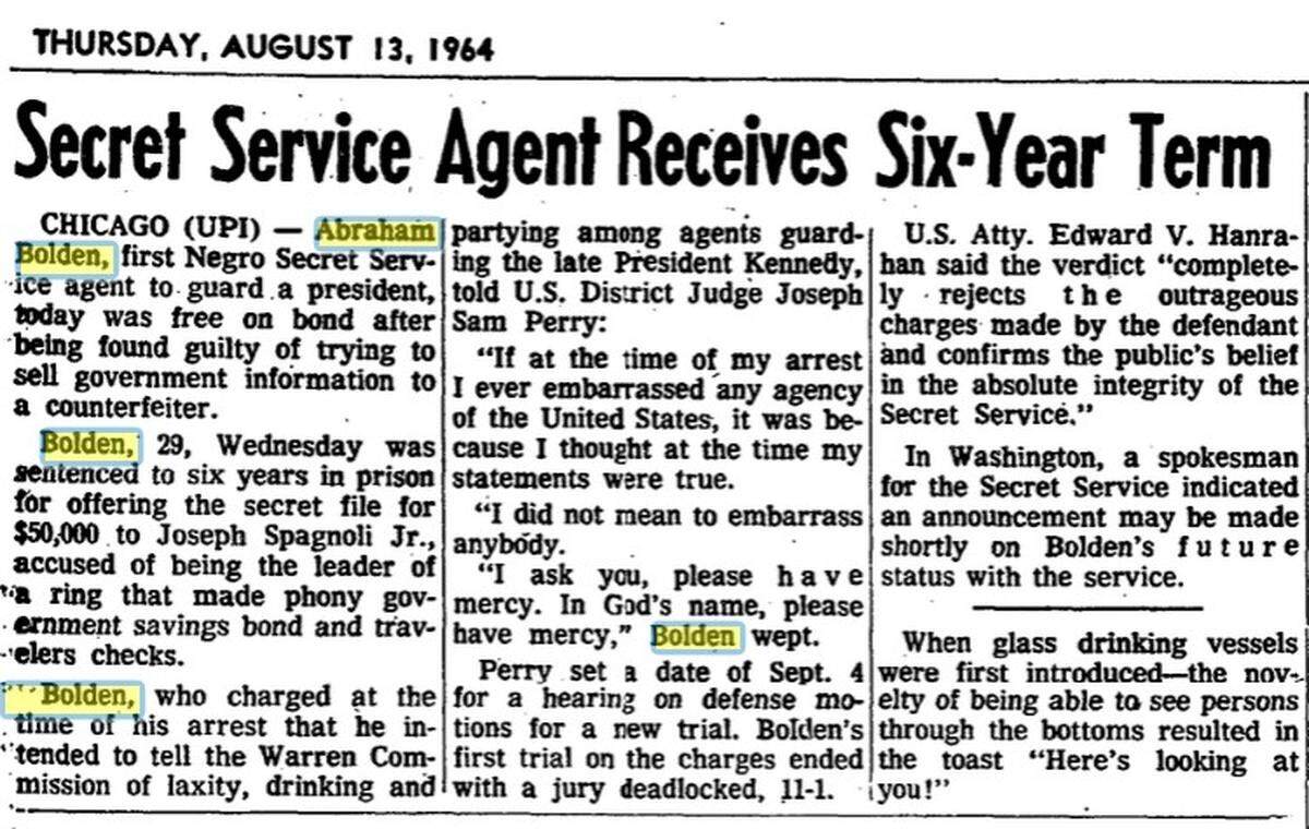 This story appeared in the Belleville News-Democrat in 1964, when Secret Service agent Abraham Bolden was sentenced to six years in prison for allegedly trying to sell classified government information.