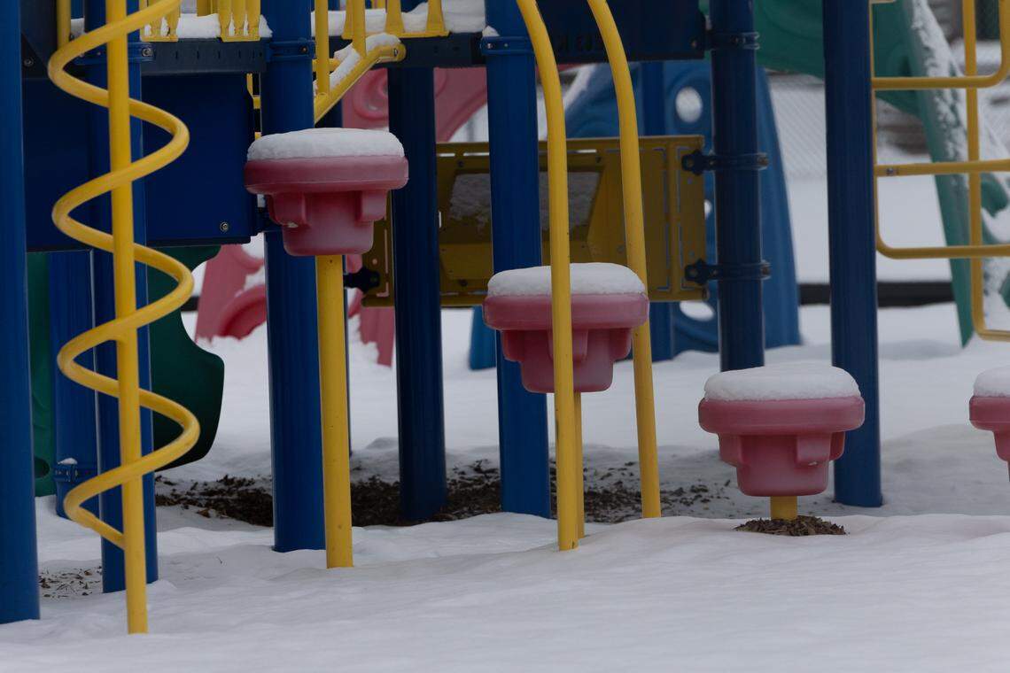 Snow covers the playground at Dunbar Elementary in East St. Louis.