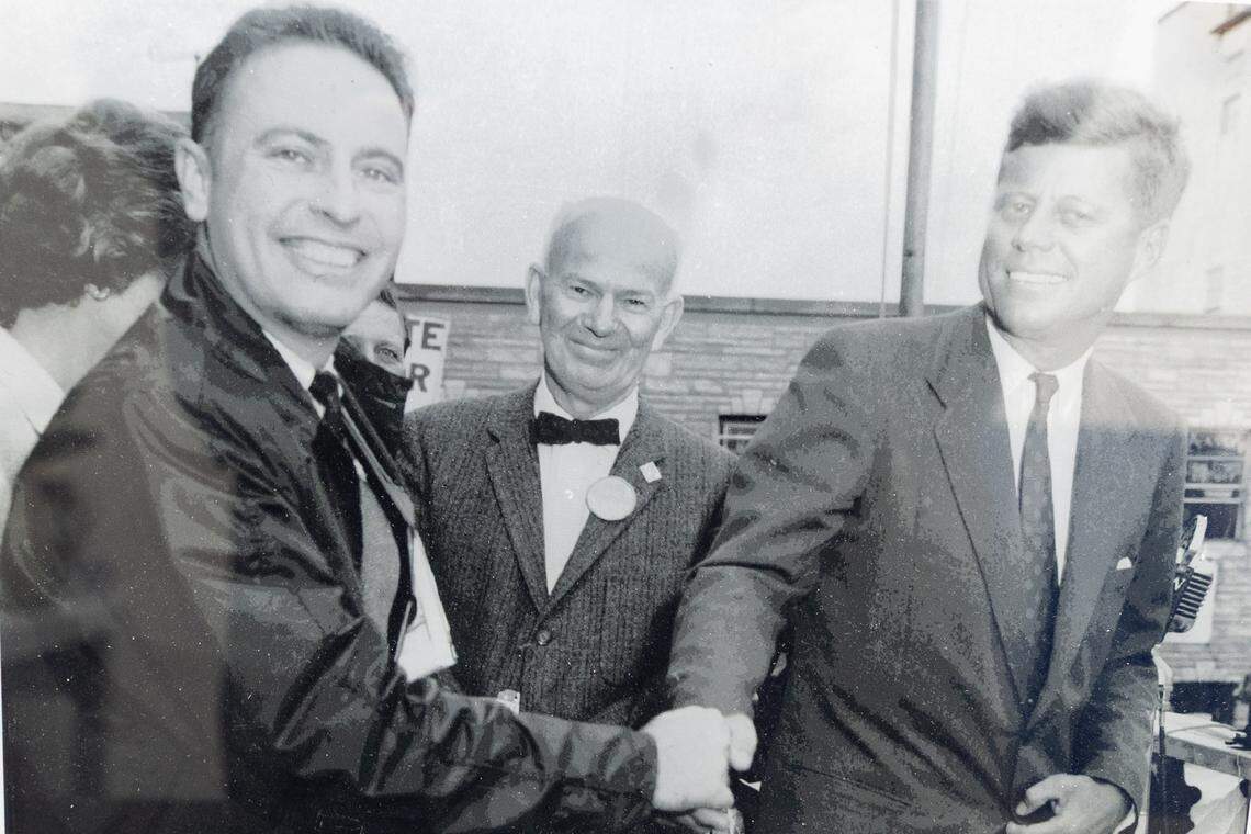 When he was running for president, then-Sen. John F. Kennedy, right, spoke in Belleville on Oct. 3, 1960, during a campaign stop in front of the former St. Clair County Courthouse. Kennedy is shaking hands with then-state Rep. Alan Dixon, who later was elected to the U.S. Senate. In the background is Ben Emge, who was serving on the St. Clair County Board of Assessors at the time. Kennedy’s visit attracted thousands of people and was one of the significant events to occur at the courthouse before it was torn down in 1972.
