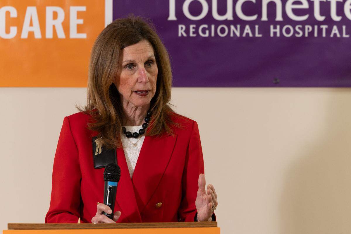 Sparta Community Hospital CEO Joann Emge speaks in Cahokia Heights about how cuts to Medicaid would impact her hospital and community.