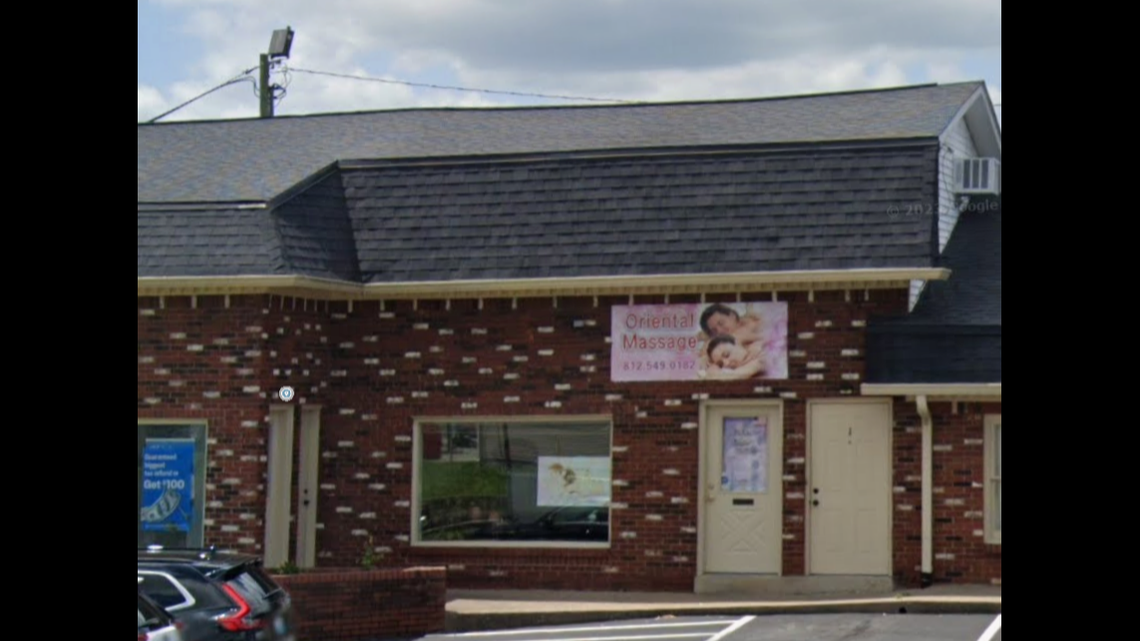 A street view capture of the Oriental Massage Parlor at 1973 Gardner Ln in Corydon, Indiana, in May 2023. This parlor was searched by police on June 20, 2024, and inside officers found condoms hidden in compartments.