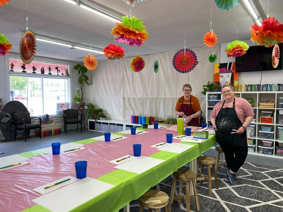 Robin Springer and her daughter, Cory Hallerbach, are the team behind Art Gecko Studio, now located at 203 E. First Street, across from O’Fallon Station. They are in the process of rehabbing the space — and have plenty of room for birthday parties, which they are setting up for in this photo.