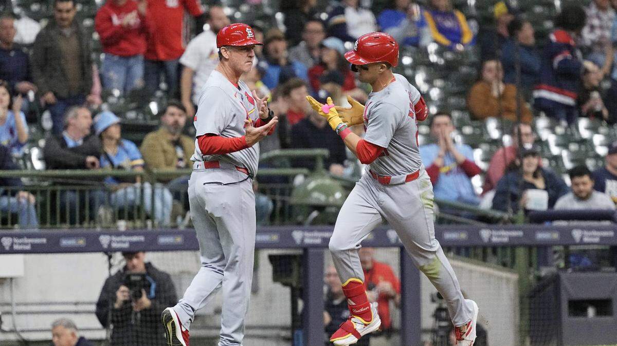 May 9, 2024; Milwaukee, Wisconsin, USA;  St. Louis Cardinals left fielder Lars Nootbaar (21) celebrates after hitting a home run during the third inning against the Milwaukee Brewers at American Family Field. Mandatory Credit: Jeff Hanisch-USA TODAY Sports