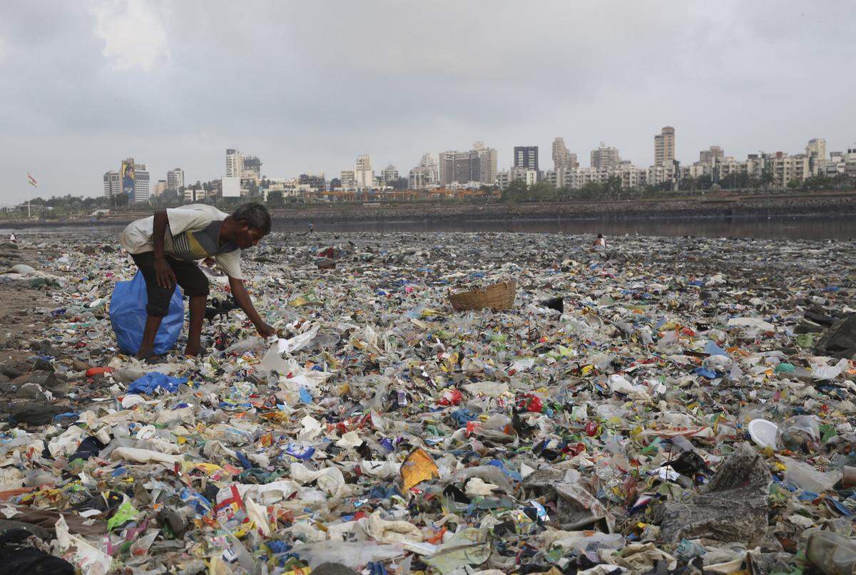 Plastic bags and other garbage clog landfills and wash up on beaches, as shown in this AP file photo taken at the Arabian Sea in India.