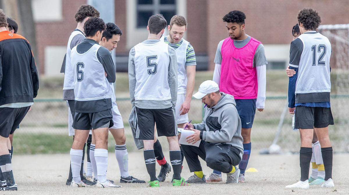 Ehtar Belleville Football Club’s head coach Drew Crawford works with potential team members during an open tryout. The Ehtar Belleville Football Club has joined the The National Premier Soccer League (NPSL). The club will begin league play in May. For more information about the team visit www.ehtarfc.com.