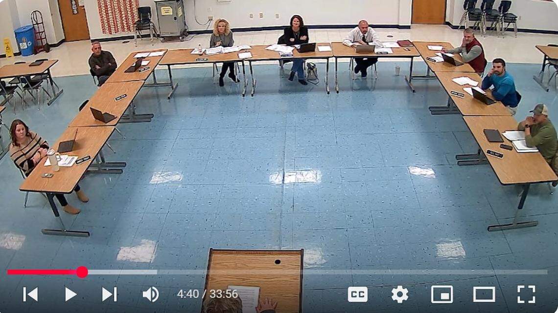 This video screenshot shows participants at Freeburg Community Consolidated School District 70’s meeting Monday night, including Superintendent Melanie Brink, third from left, Financial Officer Mark Janssen, fourth from right, and school board members, clockwise from left, Amber Trout, Jamie Smith, President Michelle Foppe, Ed Scheibel, Jayson Baker and Bill May. David Stein was absent.