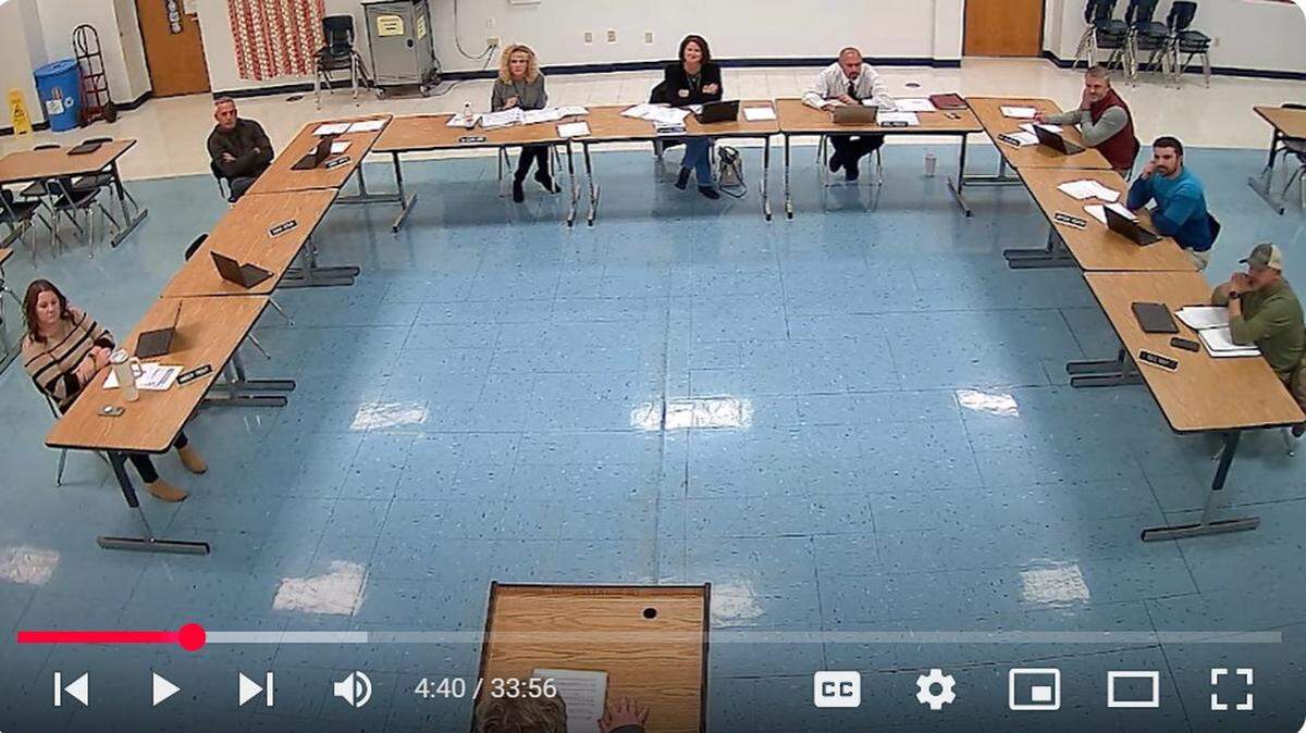 This video screenshot shows participants at Freeburg Community Consolidated School District 70’s meeting Monday night, including Superintendent Melanie Brink, third from left, Financial Officer Mark Janssen, fourth from right, and school board members, clockwise from left, Amber Trout, Jamie Smith, President Michelle Foppe, Ed Scheibel, Jayson Baker and Bill May. David Stein was absent.