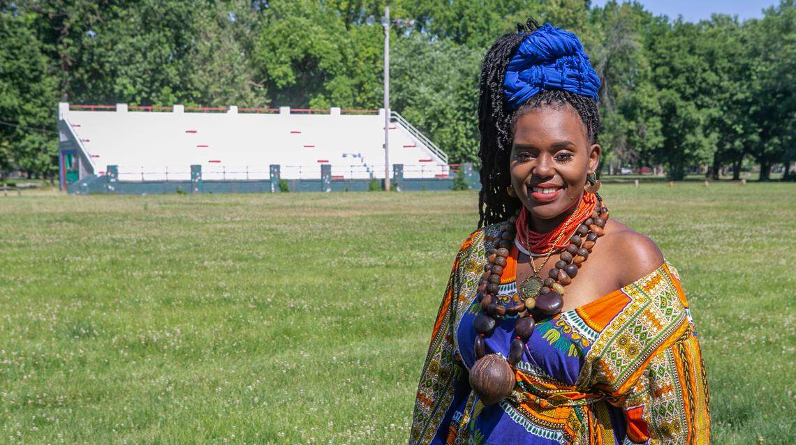 Juneteenth Metro-East “Freedom in Equity” Festival organizer, Antwoinette Ayers, stands in Jones Park in East St. Louis where some Juneteenth events will take place.