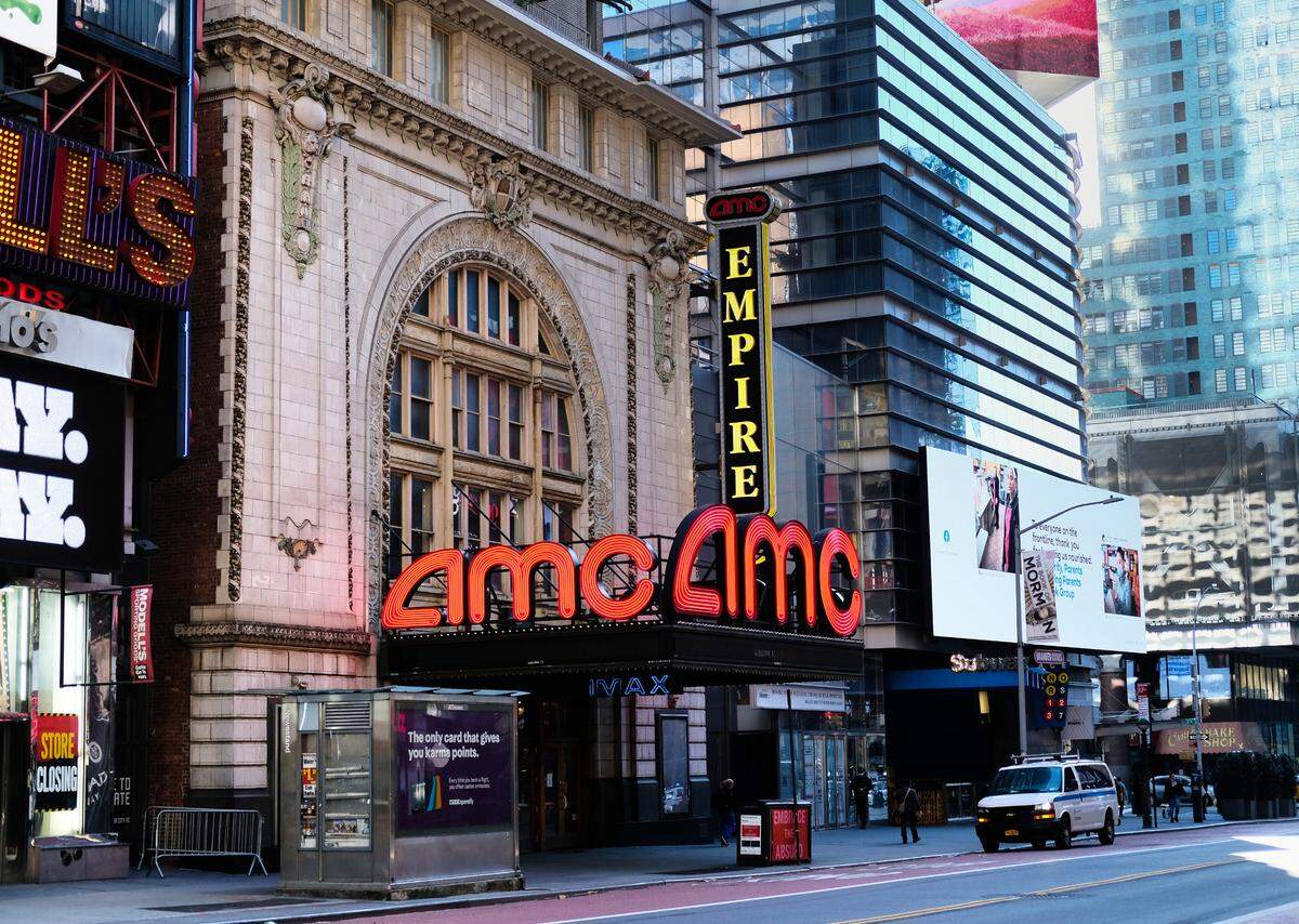 AMC is opening most of its U.S. theaters in July. Shown here is the company’s Empire 25 theater on 42nd Street in New York City on May 13.