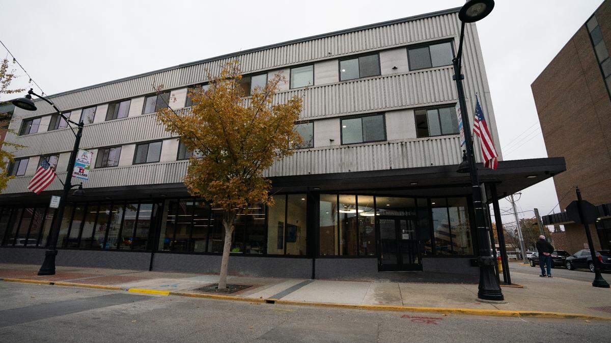 Outside of the Farnsworth offices and residential units at 300 E. Main St. in Belleville, Ill. on Nov. 8, 2023. The roughly 5,000-square-foot bottom floor of the building is used by a commercial architecture and engineering firm, while the top is host to 12 luxury apartments.