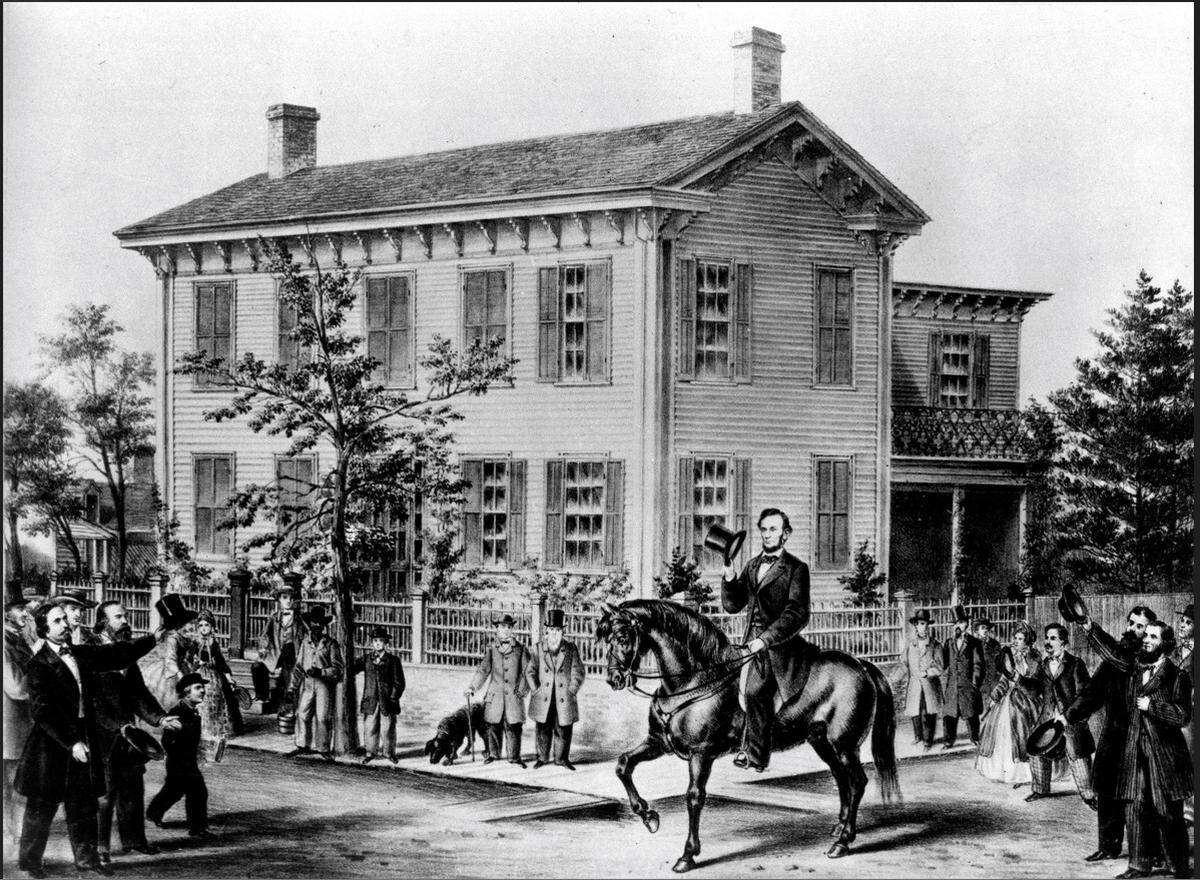 This lithograph, published in 1865, depicts Abraham Lincoln returning to his Springfield home on horseback after being elected U.S. president in 1860, four years after he traveled to Belleville by train to campaign for John Freemont, the Republican Party’s first candidate, who lost.