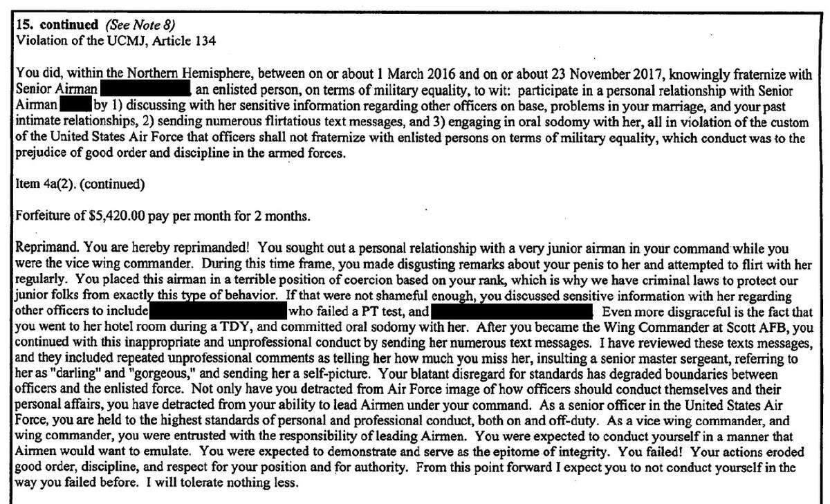 Former 18th Air Force Commander Lt. Gen. Giovanni Tuck issued this reprimand against Col. John Howard, who was ousted as a commander at Scott Air Force Base in December 2017.