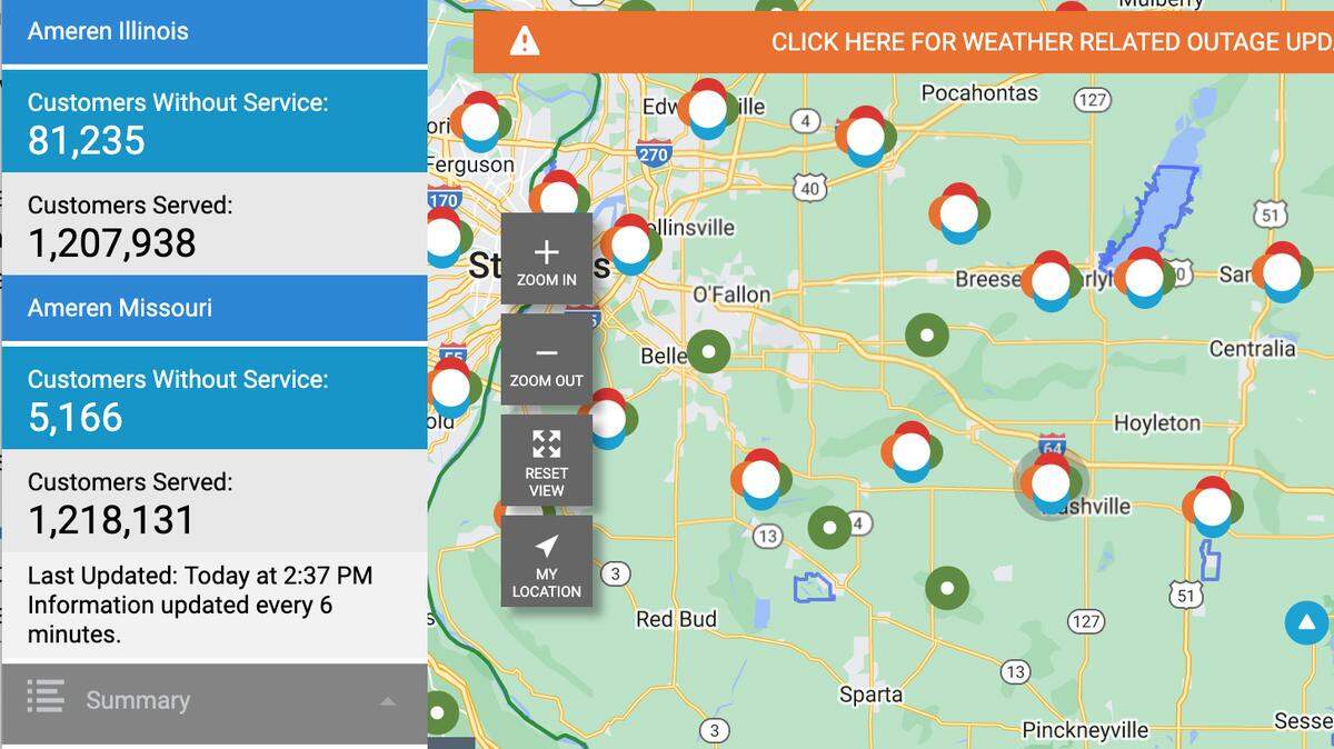 More than 2,500 residents were experiencing power outages in the Nashville area as of Saturday afternoon following a severe thunderstorm on Friday night, Ameren’s outage map showed.