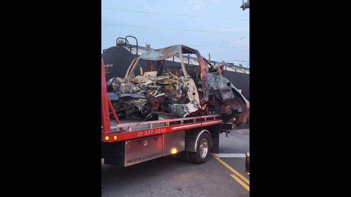 The wreckage of an F-150 pickup truck that collided with train in Sauget on Saturday, July 27, 2024, is shown in this provided photo. The driver of the truck was killed.