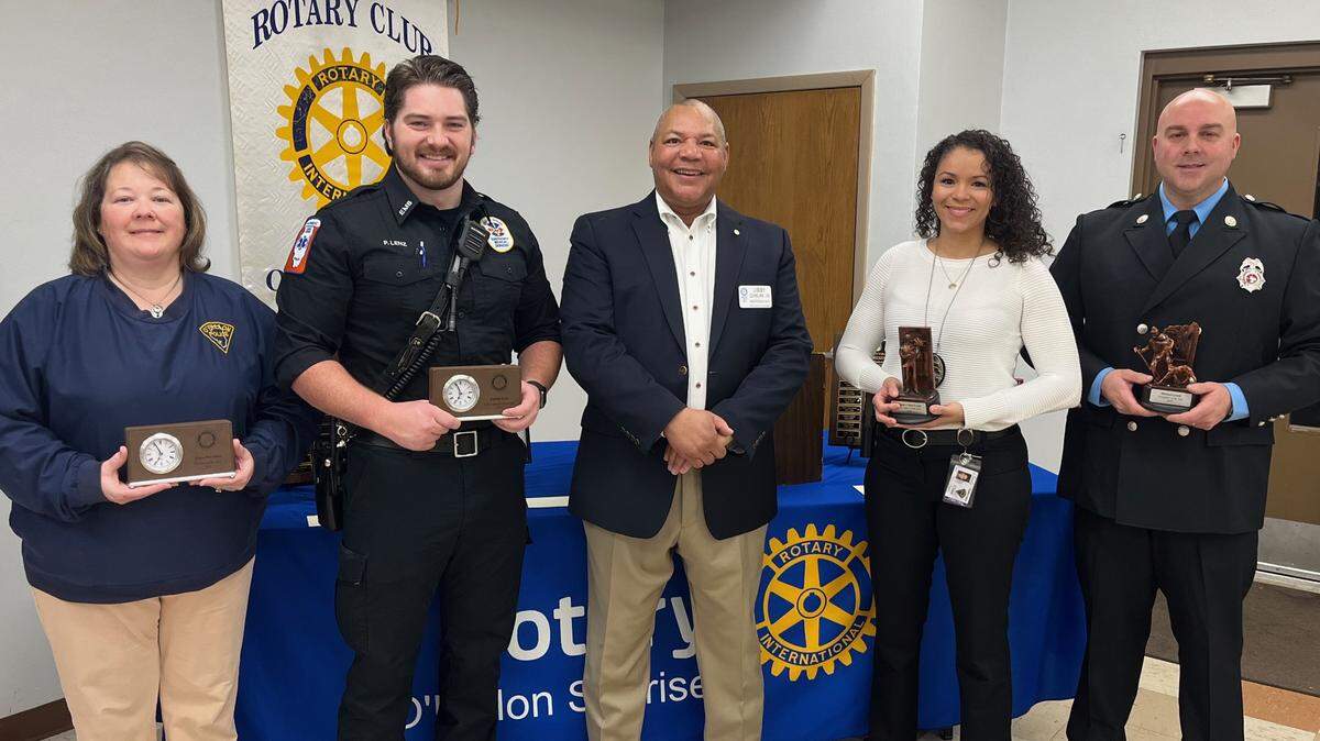 The Rotary Club of O’Fallon Sunrise hosted O’Fallon public service professionals at a morning meeting to recognize the First Responders of the Year for 2022. From left, Civilian of the Year Clara Harrison; EMS Employee of the Year Patrick Lenz; Sunrise Rotary Club President Libby Quinlan; Police Officer of the Year Detective Cloeé Frank; and Firefighter of the Year Michael Lynch.