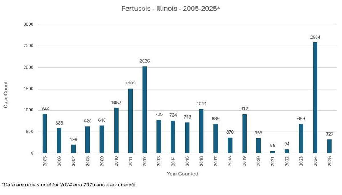 The Illinois Department of Public Health reported a sharp increase in pertussis cases in 2024 compared to previous years, in line with national trends.