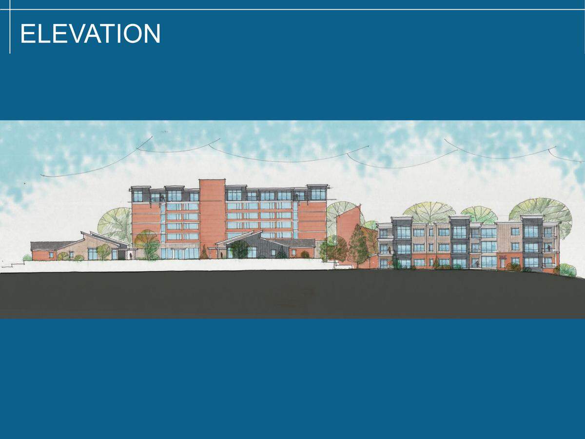 This drawing of The Esquiline shows the proposed courtyard homes in the foreground, the existing apartment building in the center and a proposed apartment building to the right.  The redevelopment and renovation project at the National Shrine of Our Lady of the Snows in Belleville was announced last year but now officials have placed the project on hold.