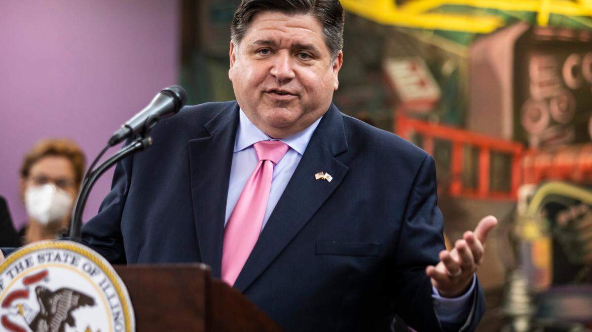 FILE - Illinois Gov. J.B. Pritzker speaks during a news conference last year.