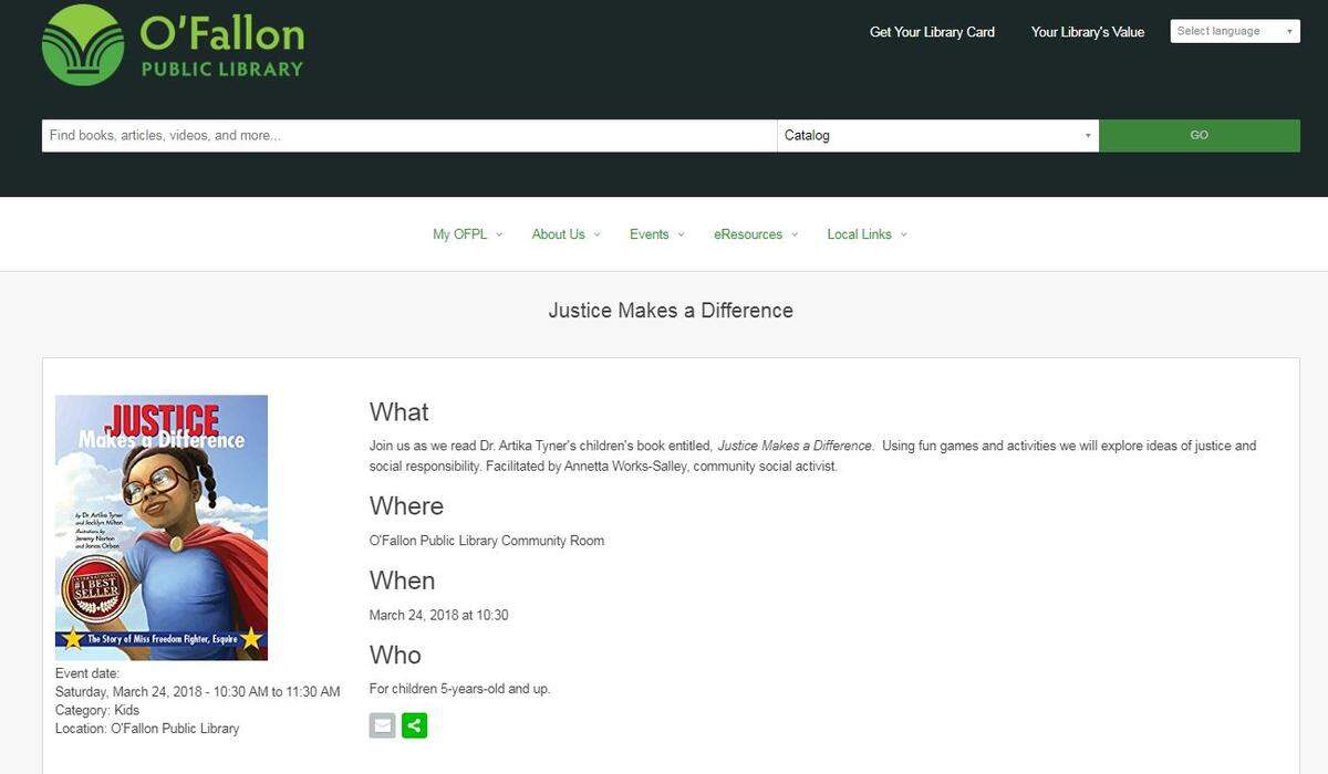 This screen capture shows the calendar posting for the event on the O'Fallon Public Library website.