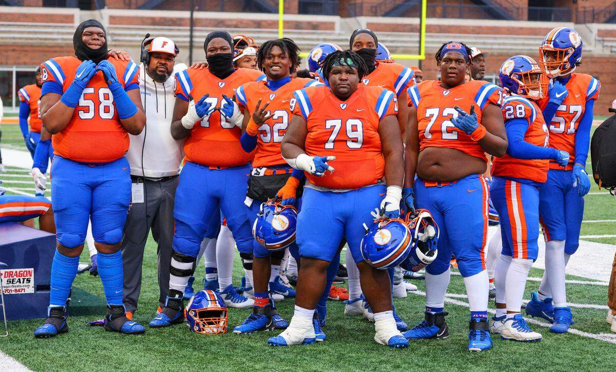 East St. Louis offensive lineman as seen on the sideline during the IHSA Class 6A state championship game against Prairie Ridge.