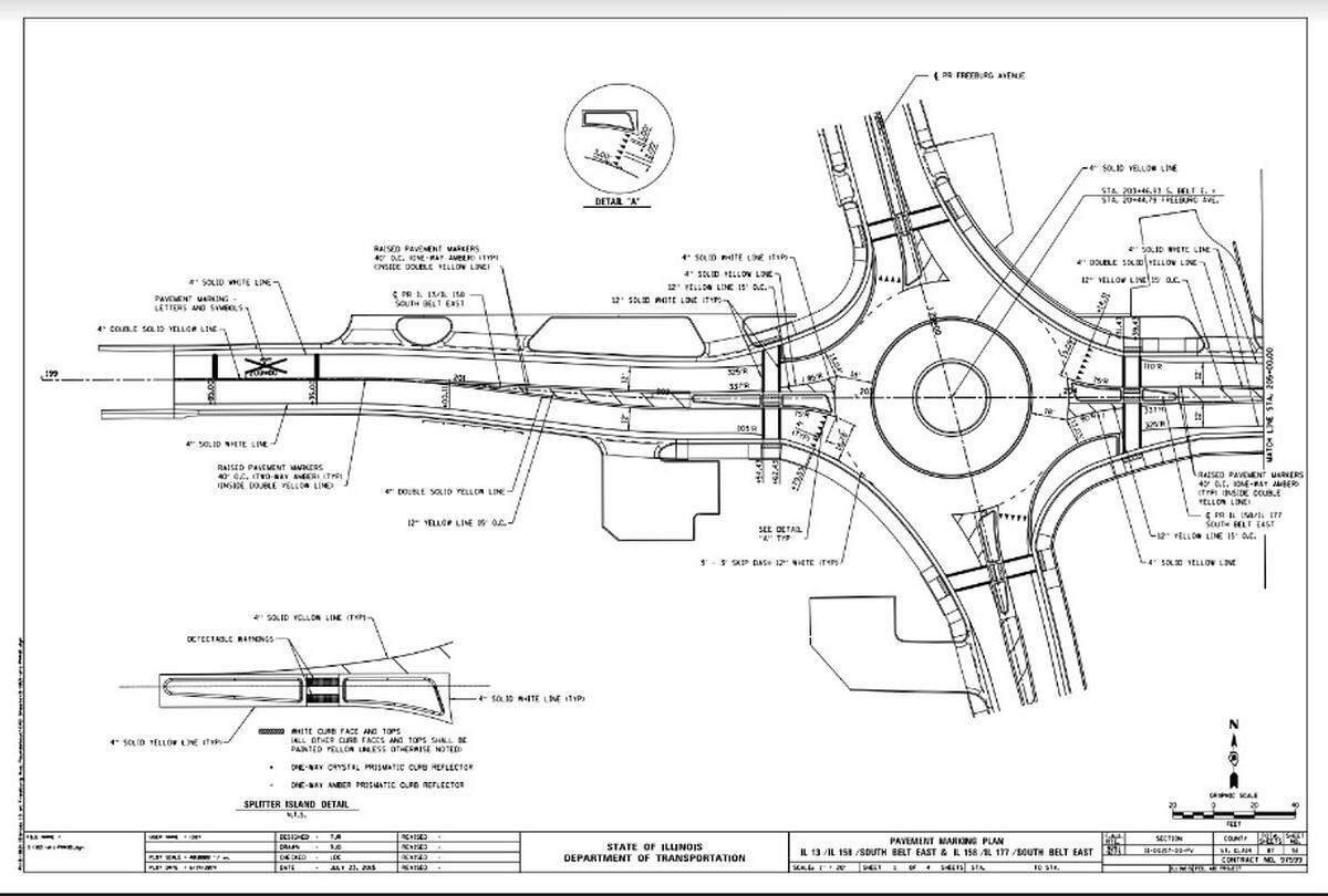 This diagram shows what a roundabout will look like at the intersection of South Belt East, which runs east and west, and Freeburg Avenue in Belleville, near Walnut Hill Cemetery.