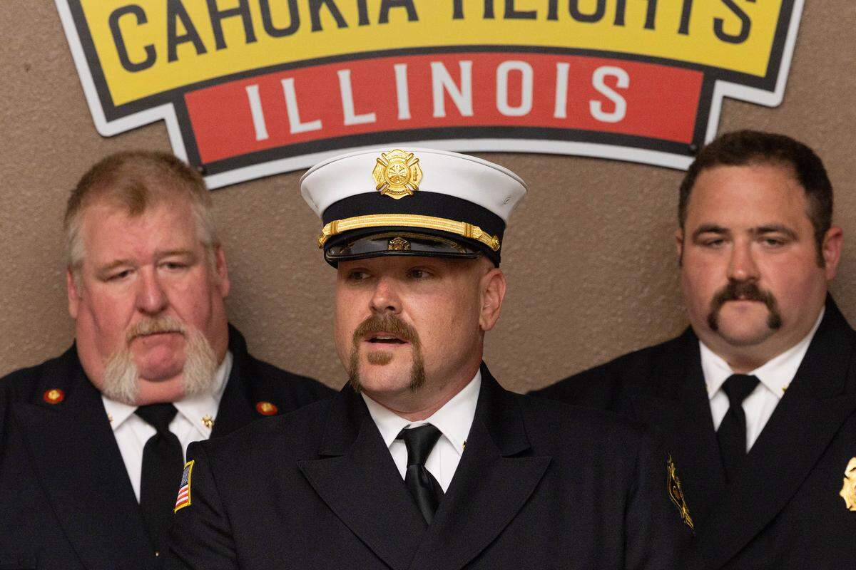 Cahokia Heights Fire Chief Stephen Robbins speaks to a press conference regarding the merger of Cahokia Heights, Camp Jackson and Caseyville into a single fire department. Robbins said the merger will increase resources and help reduce arrival times for first responders.