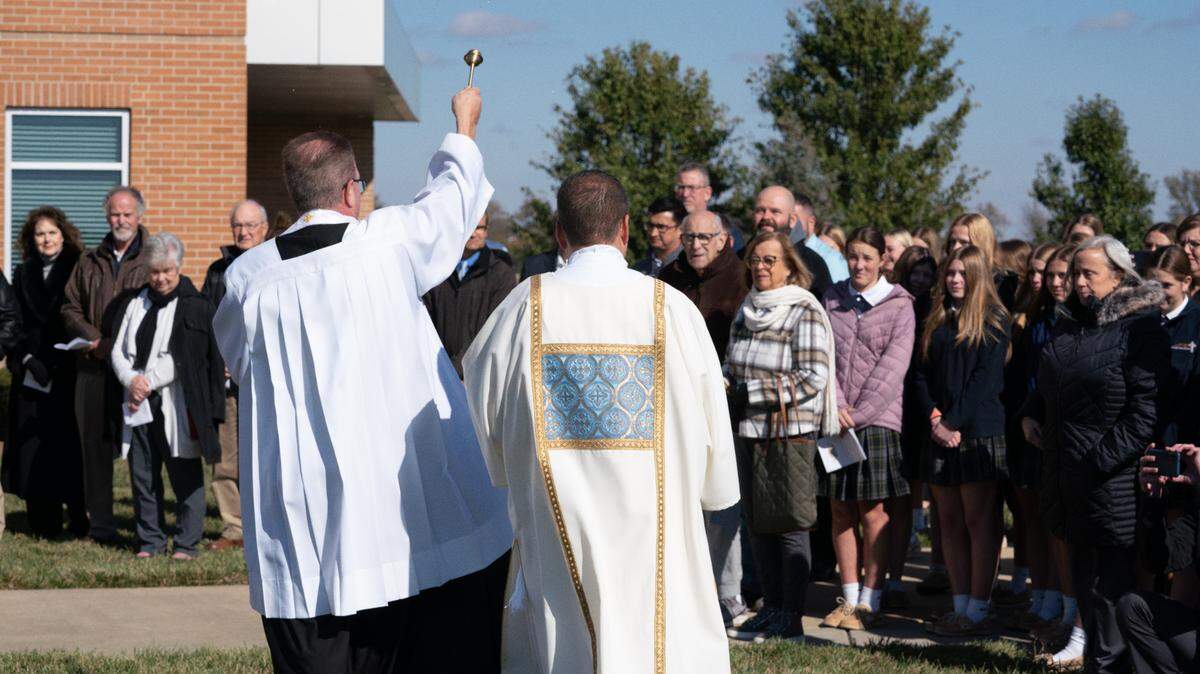 President Rev. Jeff Goeckner blesses a groundbreaking ceremony at Father McGivney Catholic High School in Glen Carbon, Ill. on Nov. 1, 2023.