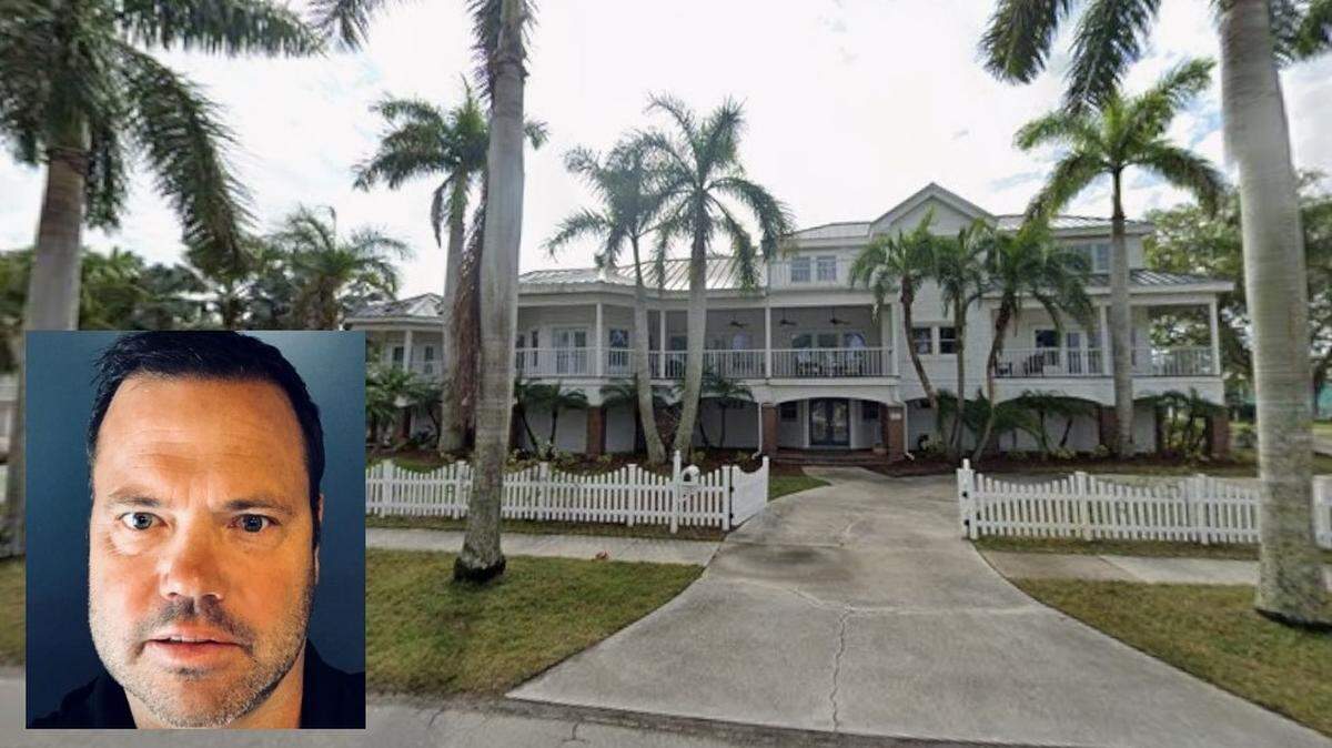 Law-enforcement officers arrested and handcuffed Jonathan Larmore, inset, on federal fraud charges during a predawn raid on March 14, 2024, outside his home in Punta Gorda, Florida.
