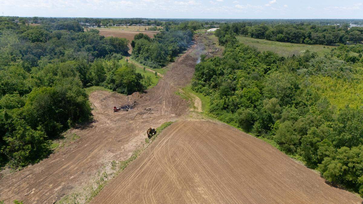 Looking west from Main Street in Shiloh, where the construction of a two-lane extension of the road is currently underway to connect Frank Scott Parkway East to Air Mobility Drive.