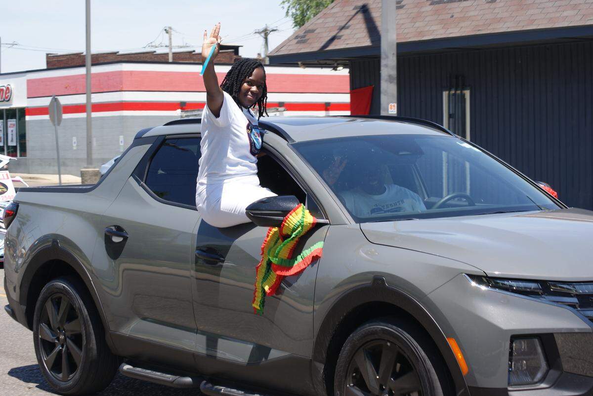 A Juneteenth motorcade rolled through East St. Louis streets Saturday. These participants are on State Street.