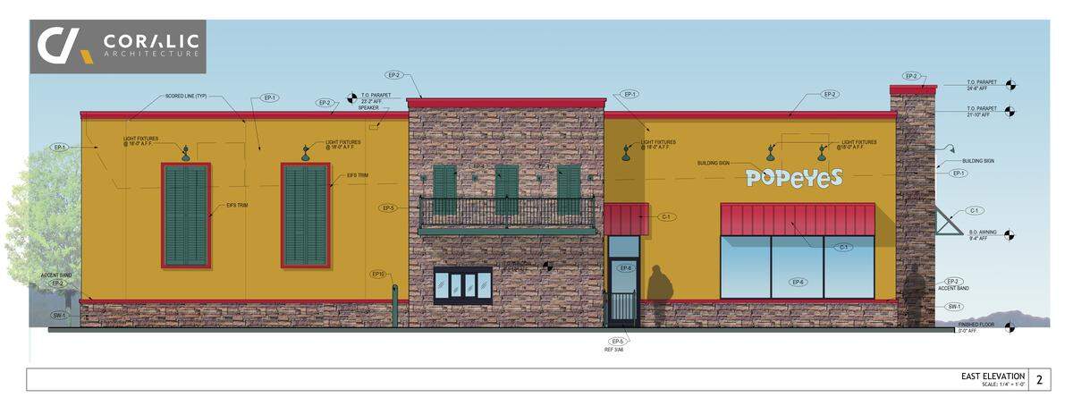 This is an artist’s rendering of the Popeyes Louisiana Kitchen restaurant under construction in the Belleville Crossing shopping center off Illinois 15.