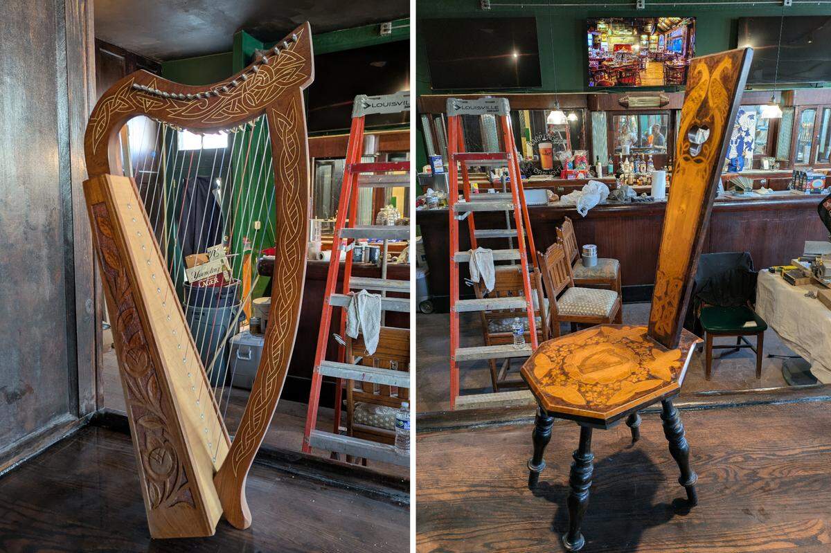 This harp and Irish harp chair add to the character of The Harp Pub.