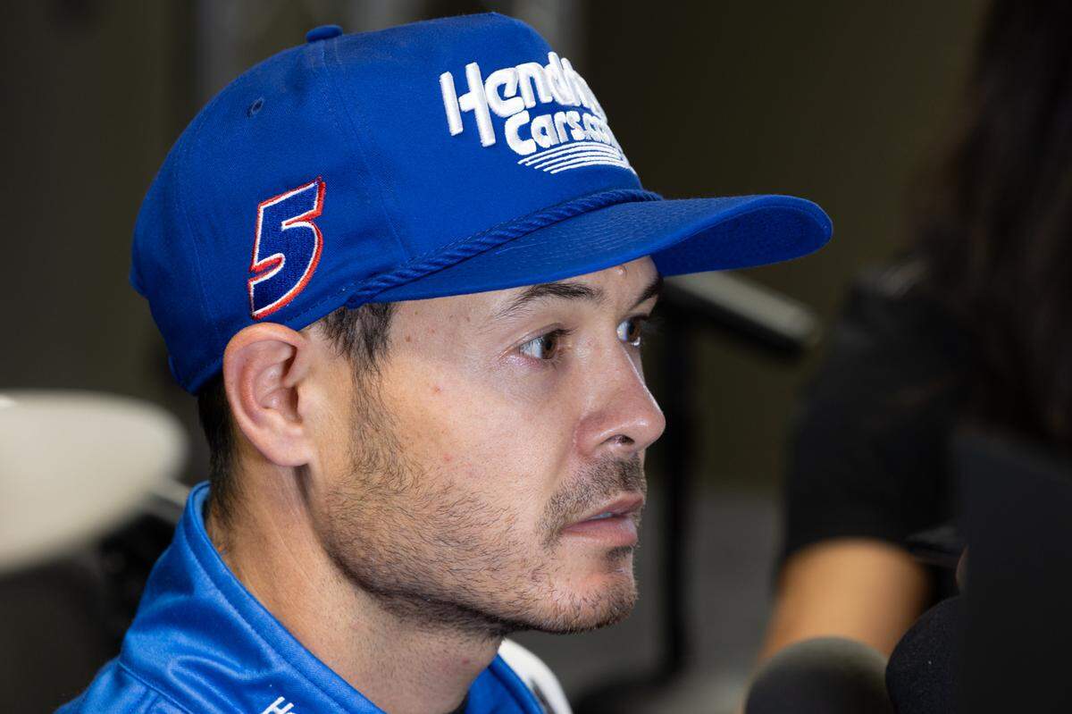 NASCAR driver Kyle Larson speaks to the press during the Enjoy Illinois 300 Cup Race at WorldWide Technology Raceway in Madison, Ill. on June 2, 2024. Larson crashed out of the race while battling Kyle Busch for seventh place.