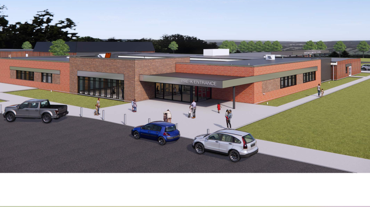 A rendering of Whiteside Elementary School’s new addition, which is currently under construction and is expected to be finished by the start of the 2026-27 school year. The addition will contain early childhood and pre-K classrooms.