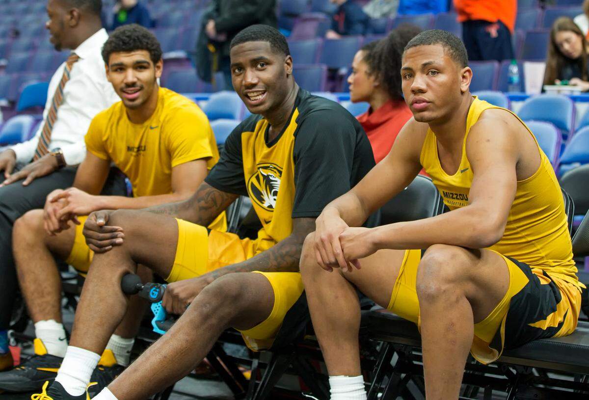 Mizzou L-R Mark Smith, Jeremiah Tilmon and Javon Pickett as seen prior to Saturday’s NCAA Braggin’ Rights game between the Missouri Tigers and the Illinois Fighting Illini at the Enterprise Center in Saint Louis Missouri.