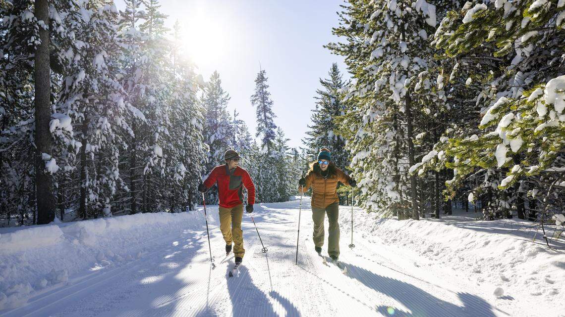Two people skiing together in the snow.