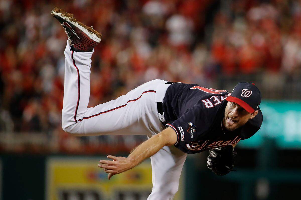 Washington Nationals starting pitcher Max Scherzer was a Cardinals fan growing up in the St. Louis suburb of Chesterfield. He’ll face Adam Wainwright in Game 2 of the NLCS Saturday. (AP Photo/Alex Brandon)