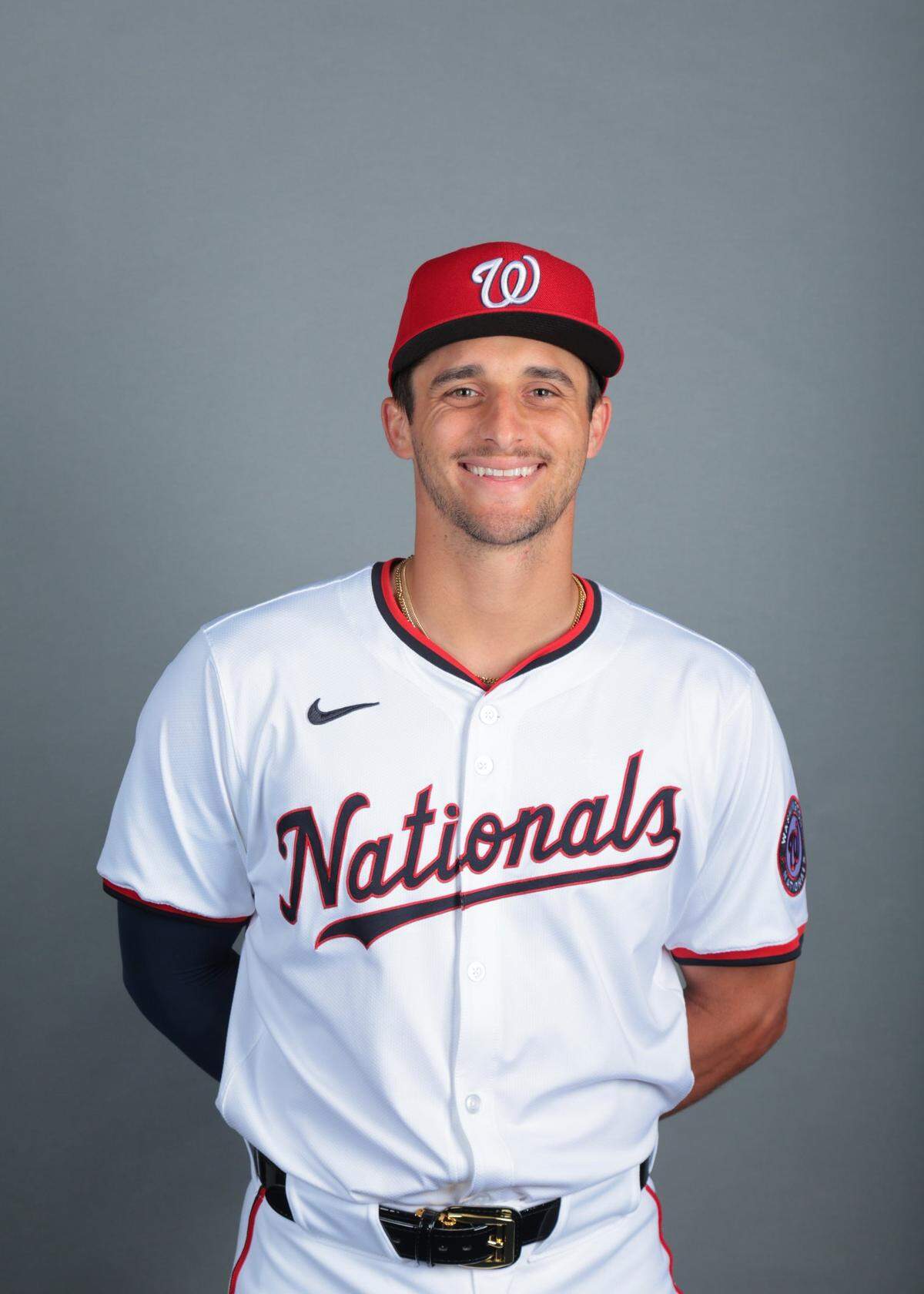 Feb 21, 2025; West Palm Beach, FL, USA; Washington Nationals catcher Drew Millas (81) poses for a photo during picture day at CACTI Park of the Palm Beaches. Mandatory Credit: Sam Navarro-Imagn Images